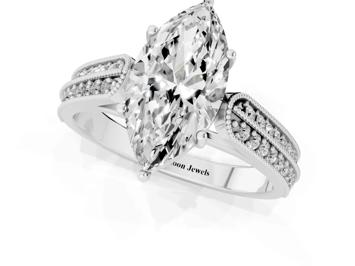 Marquise Cut Cut Pave Split Shank Engagement Ring with Four-Prong Setting White gold