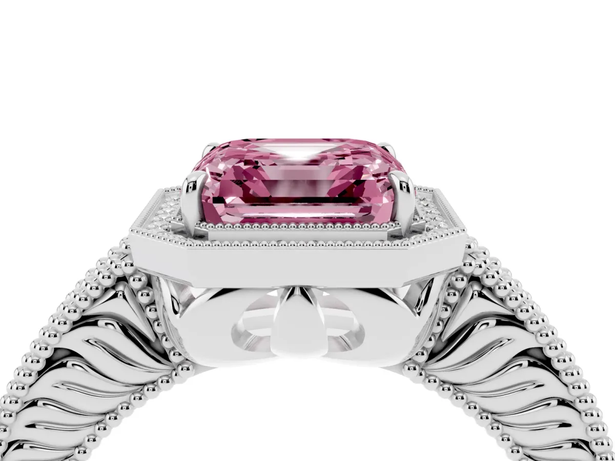 Fancy Pink Asscher Cut Cut Halo Diamond Ring with Pavé Band and Four-Prong Setting White gold