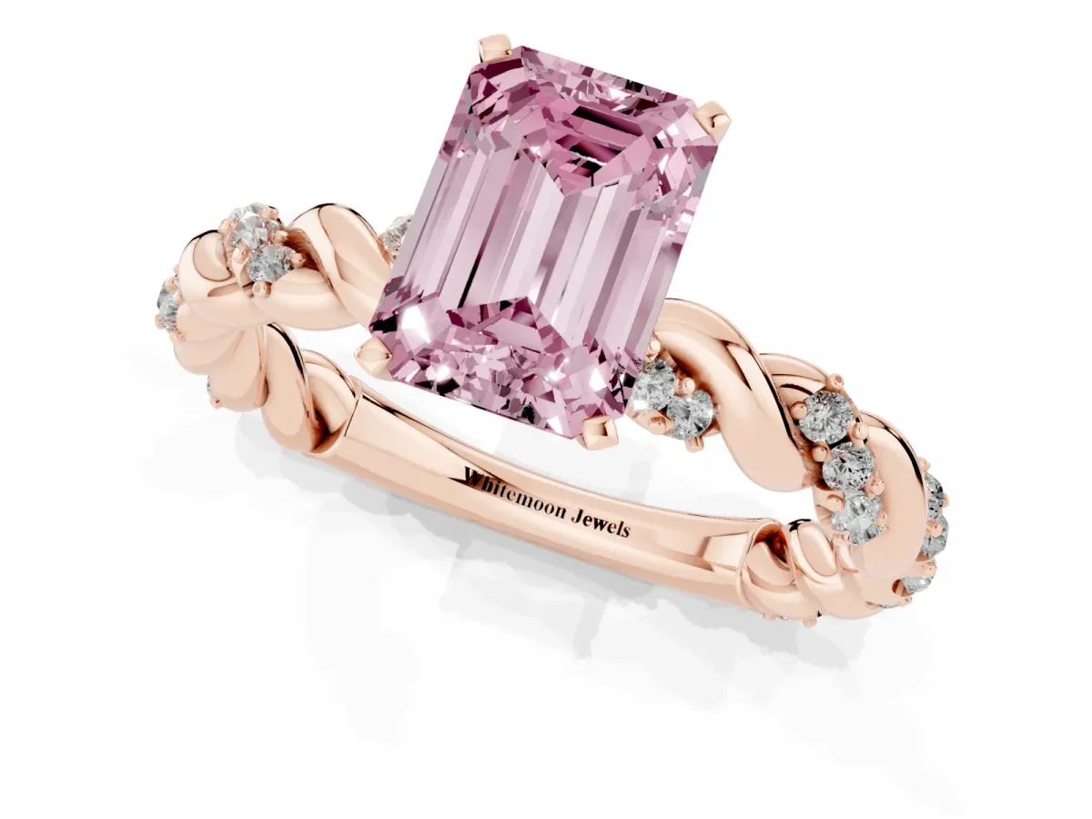 Fancy Pink Emerald Cut Diamond Solitaire Ring with Twisted Band and Pavé Accents Rose gold