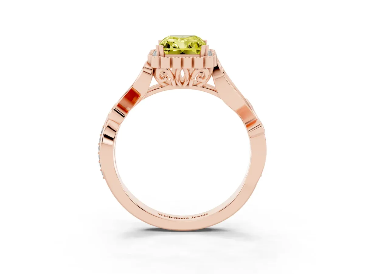 Fancy Yellow Radiant Cut Diamond Halo Ring with Vintage Split Shank and Four-Prong Setting Rose gold