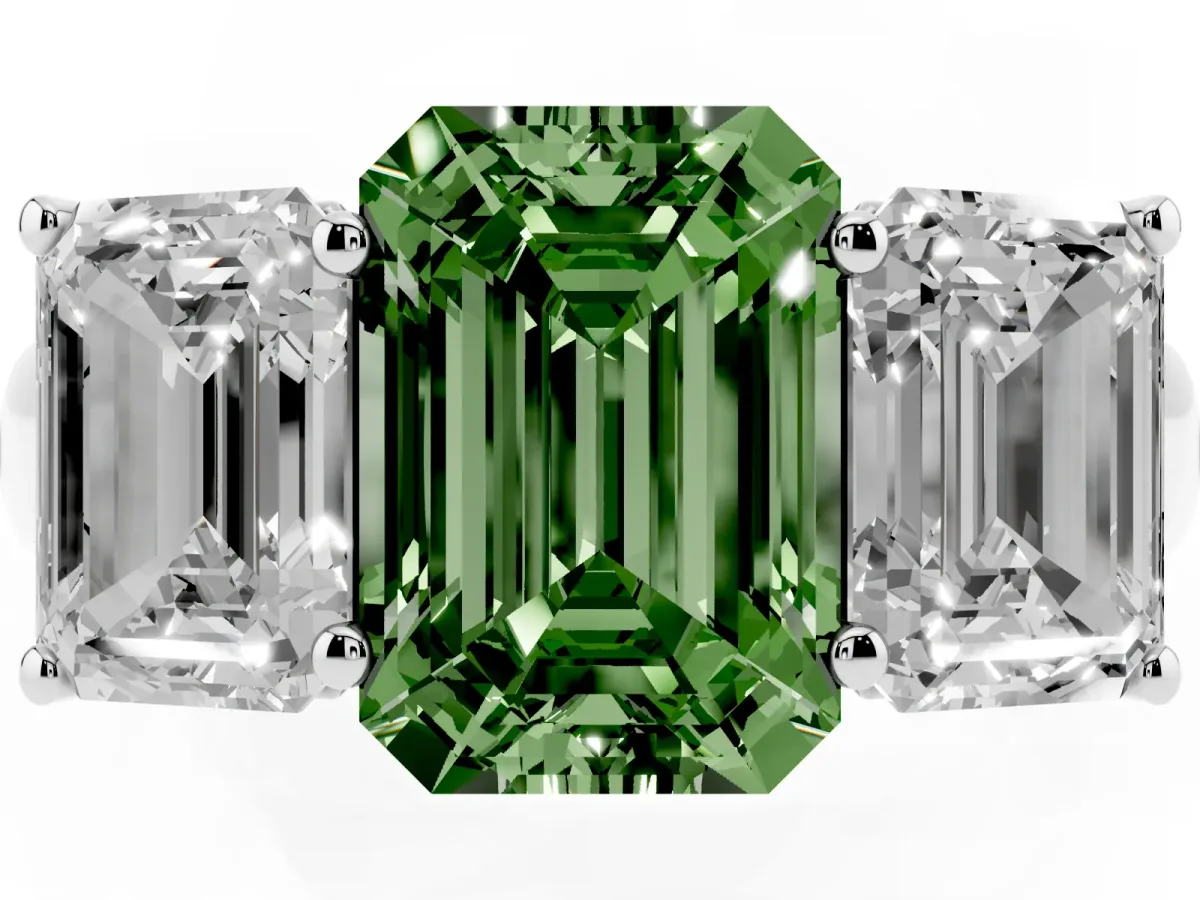 Fancy Green Emerald Cut Three-Stone Diamond Ring with Prong Setting on a Classic Band Silver