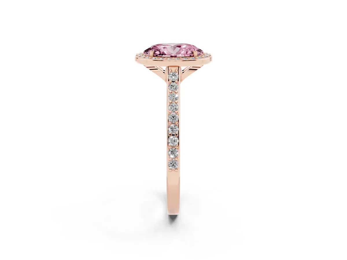 Fancy Pink Oval Cut Diamond Halo Engagement Ring with Round Pavé Shoulders and Prong Setting Rose gold
