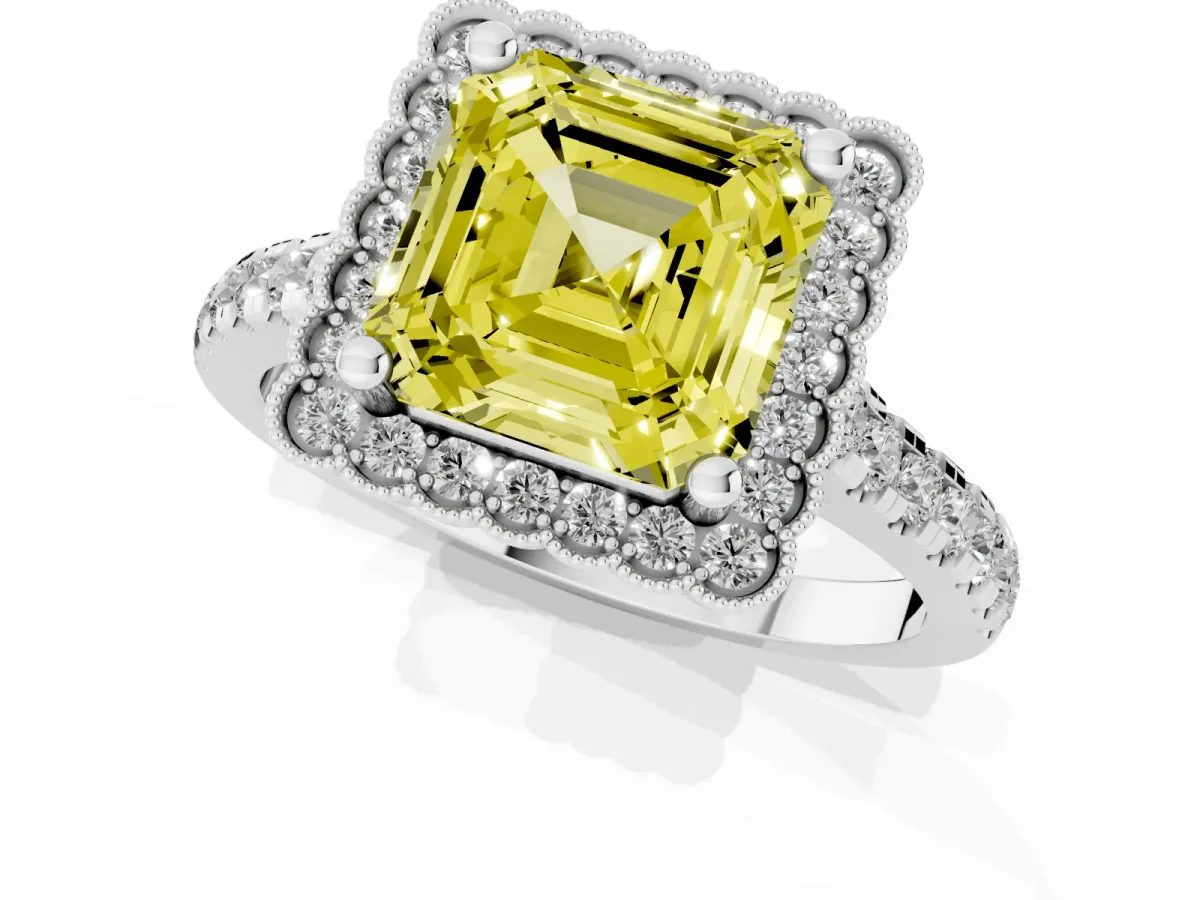 Fancy Yellow Asscher Cut Cut Diamond Milgrain Floral Halo Engagement Ring with Pavé Band Silver