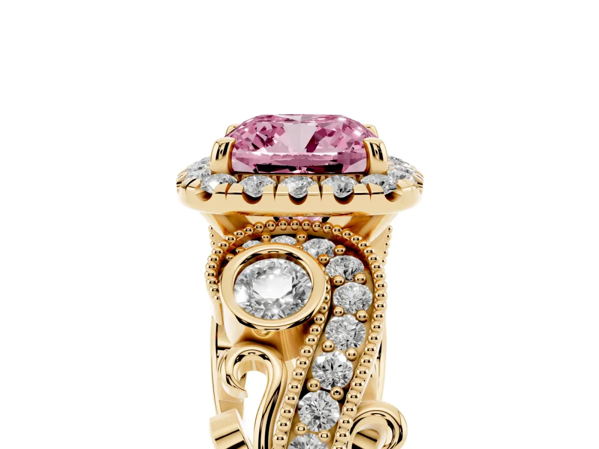 Fancy Pink Cushion Cut Diamond Halo Ring with Milgrain Pavé Band and Four-Prong Setting Yellow gold