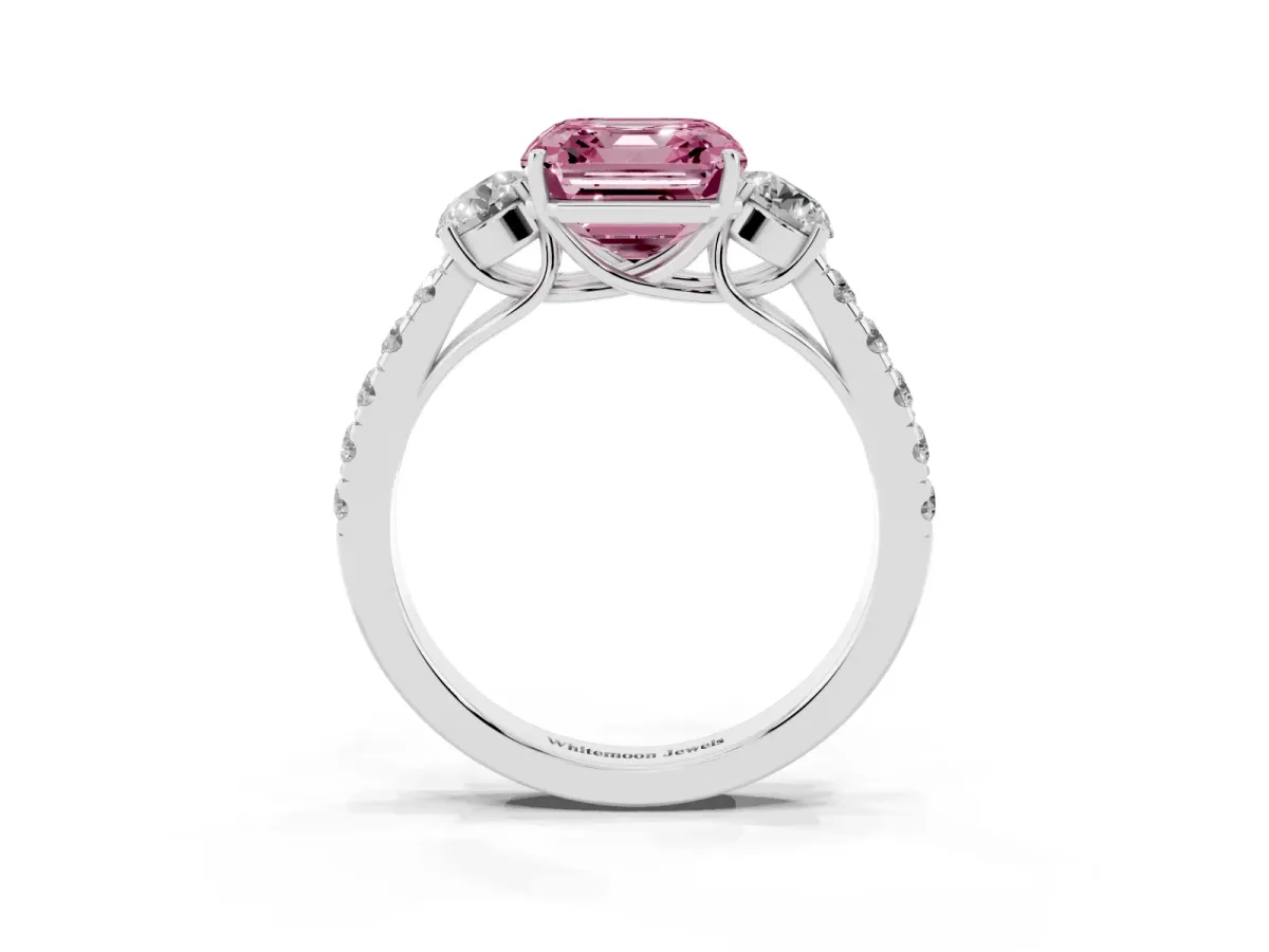 Fancy Pink Asscher Cut Cut Diamond Three-Stone Ring with Round Side Stones and Pavé Band Silver