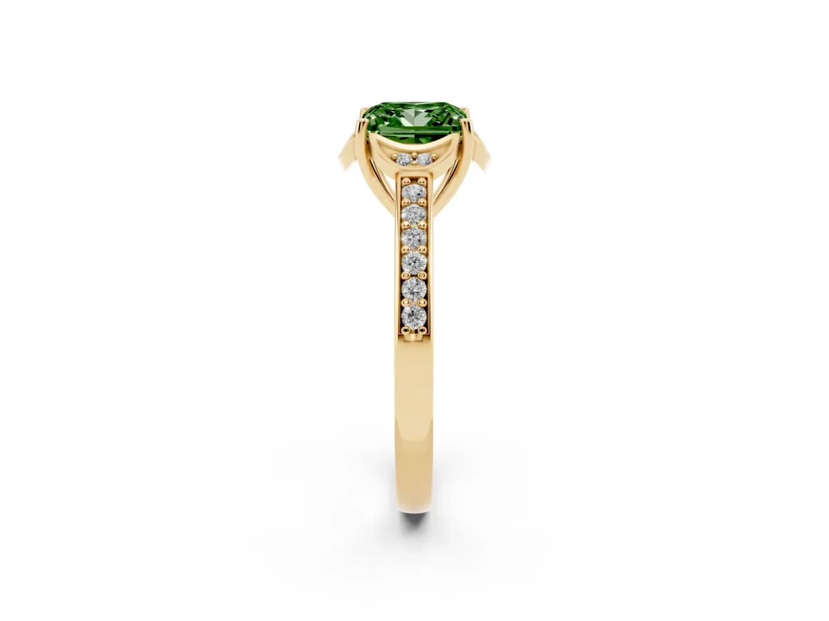 Fancy Green Princess Cut Cut Halo Diamond Ring with Channel Set Band and Four-Prong Setting Yellow gold