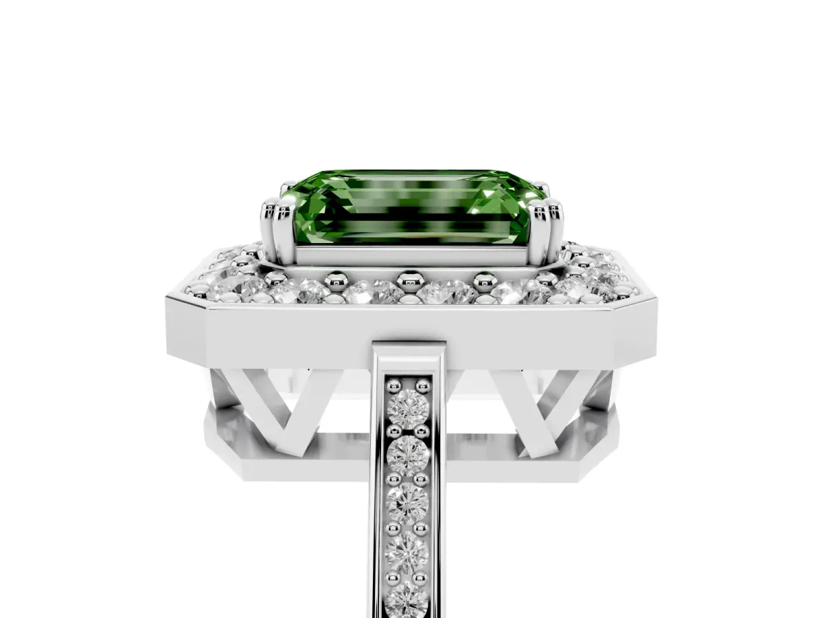 Fancy Green Emerald Cut Diamond Halo Ring with Split Shank and Four-Prong Setting Silver