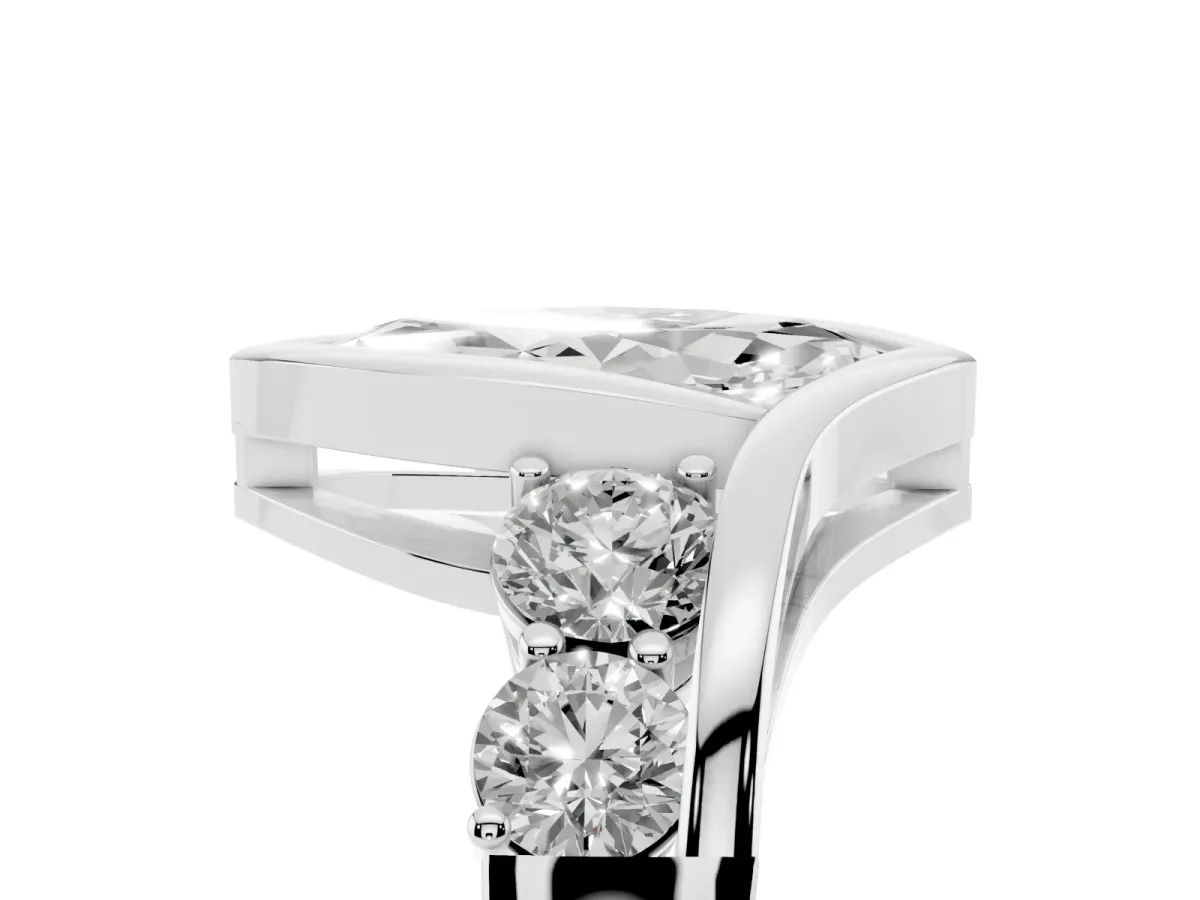 Bezel Set Marquise Cut Diamond Bypass Ring with Round Accents Silver