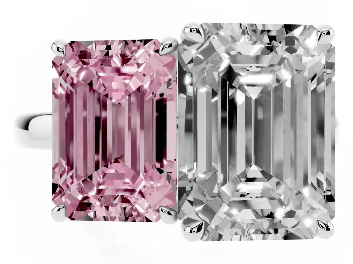Fancy Pink Emerald Cut and Emerald Cut Toi Moi Ring with Prong Setting Platinum
