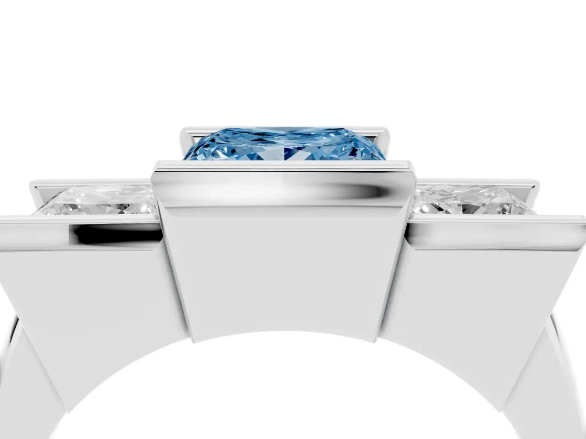 Fancy Blue Three Stone Princess Cut Cut Channel Set Diamond Ring Silver