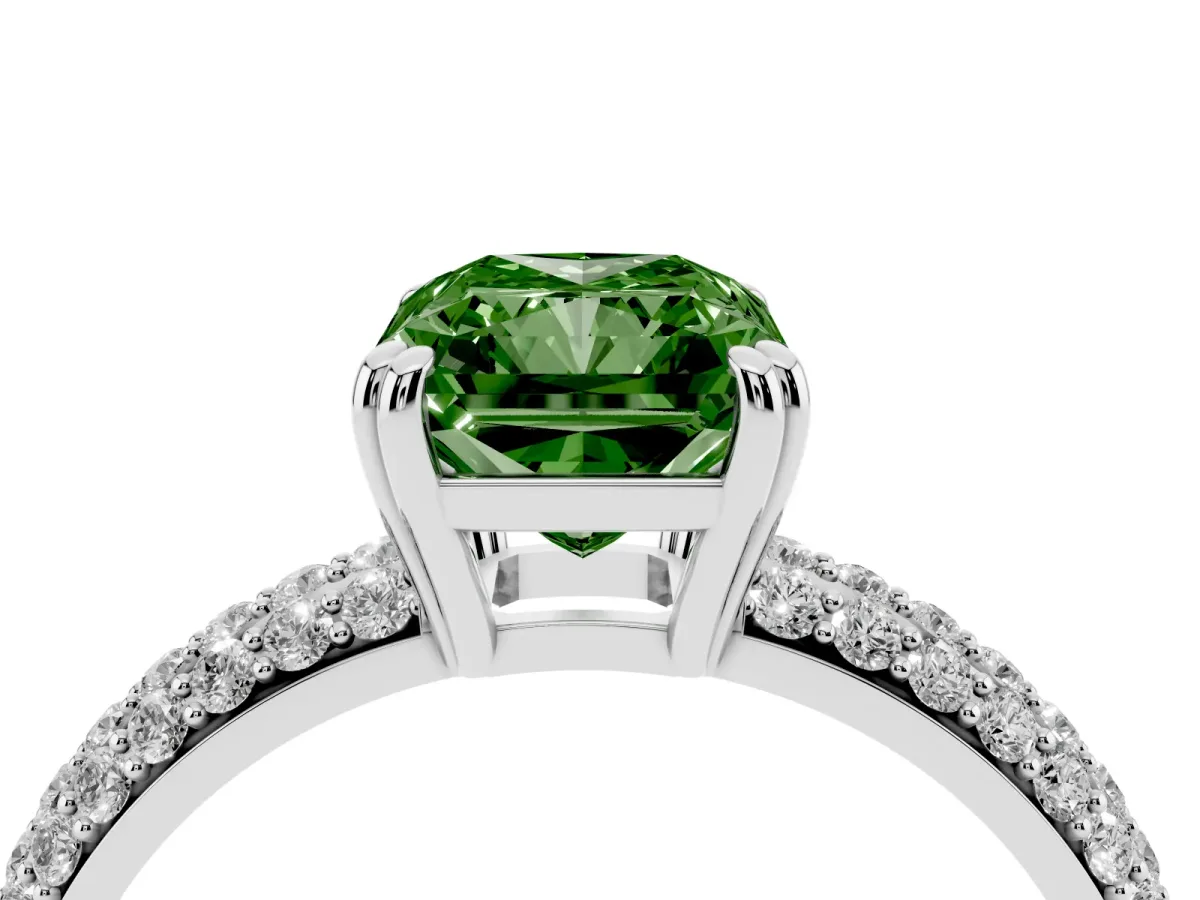Fancy Green Radiant Cut Diamond Solitaire Ring with Multi-Row Round Pavé Band and Prong Setting White gold