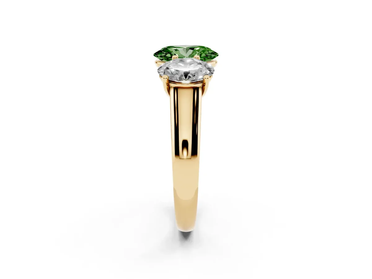 Fancy Green Oval Cut Three-Stone Diamond Ring with Prong Setting on a Classic Band Yellow gold