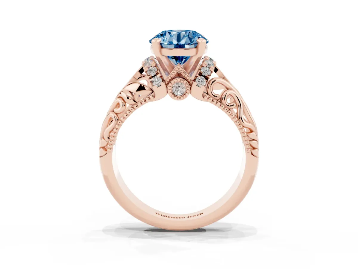 Fancy Blue Round Cut Solitaire Filigree Engagement Ring with Halo and Prong Setting Rose gold