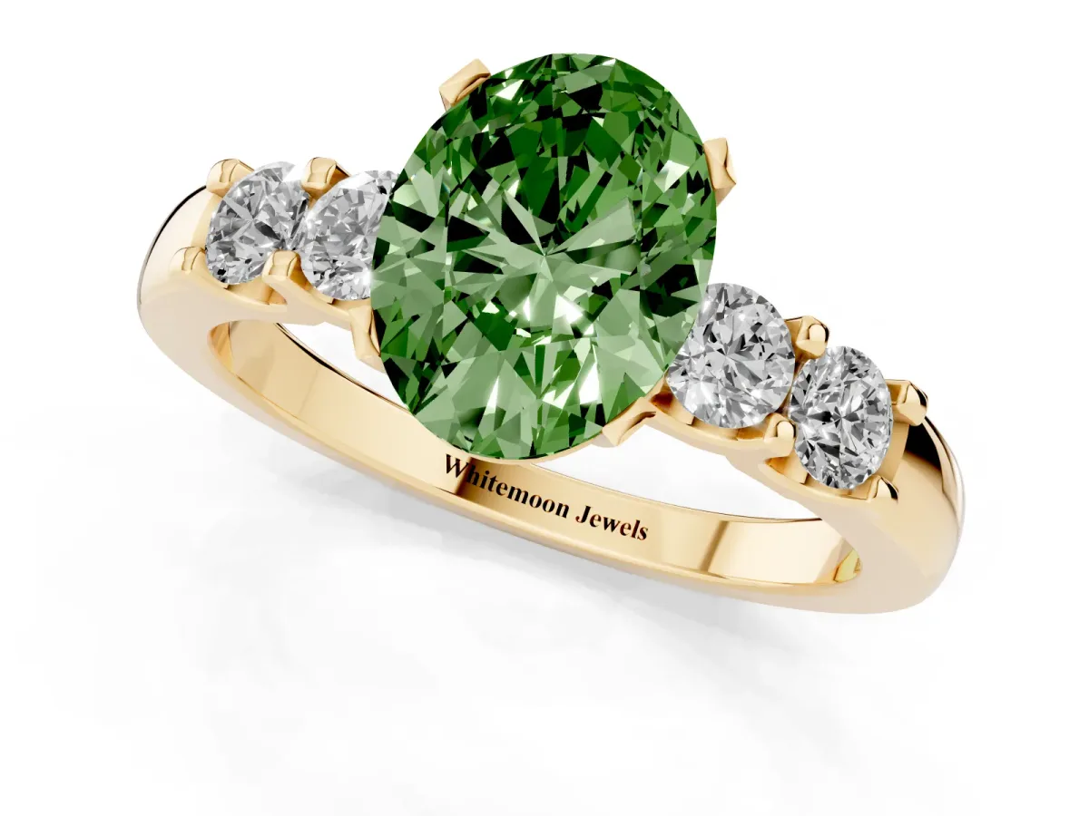 Fancy Green Oval Cut Brilliant Cut Diamond Five-Stone Prong Set Engagement Ring with Channel Band Yellow gold