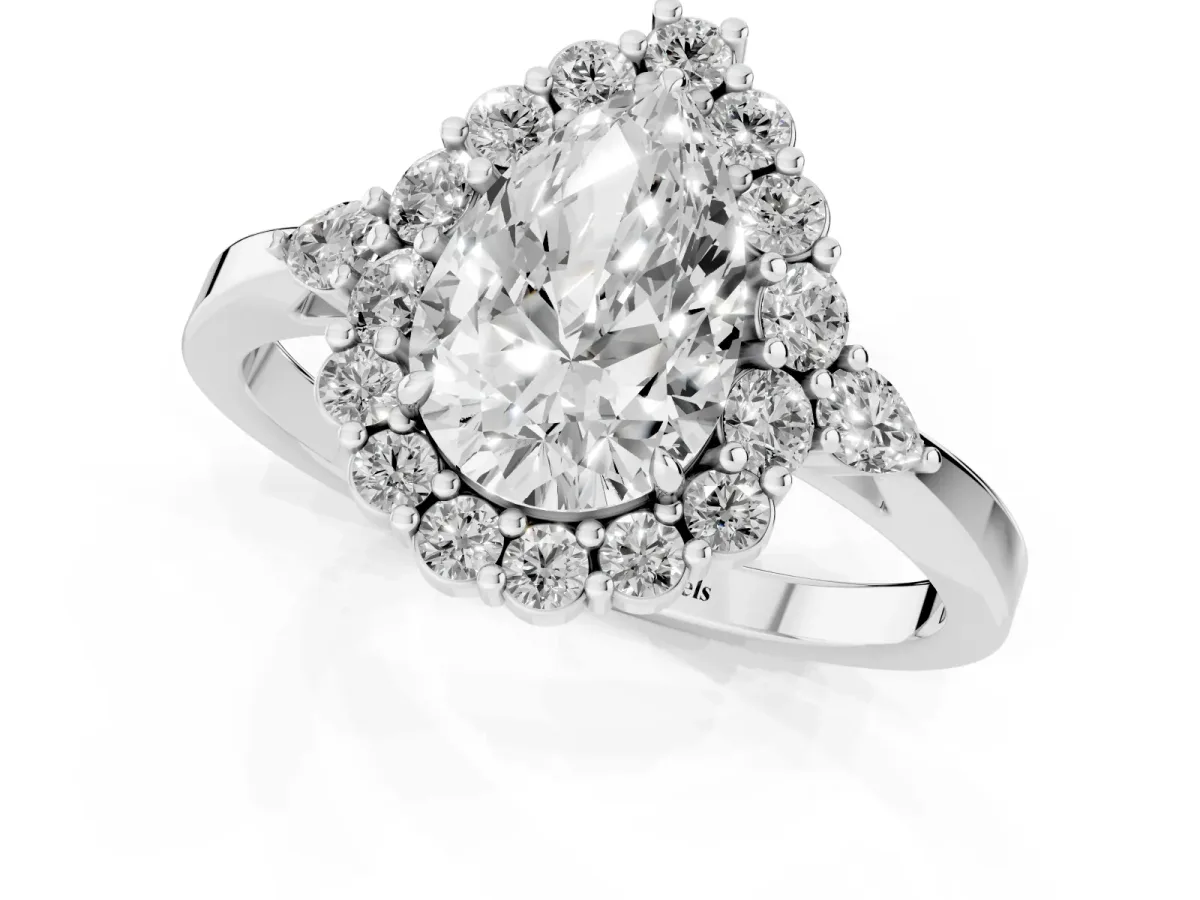 Pear Cut Diamond Halo Ring with Pear Side Stones and Prong Setting Platinum