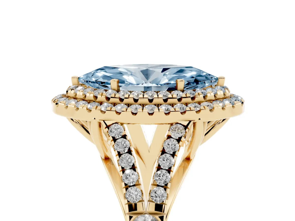 Fancy Blue Marquise Cut Cut Double Halo Split Shank Diamond Ring with Prong Setting Yellow gold