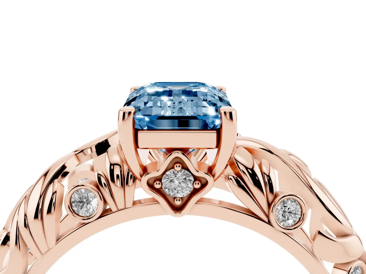 Fancy Blue Emerald Cut Solitaire Diamond Leaf-Inspired Vine Band Ring with Prong Setting Rose gold