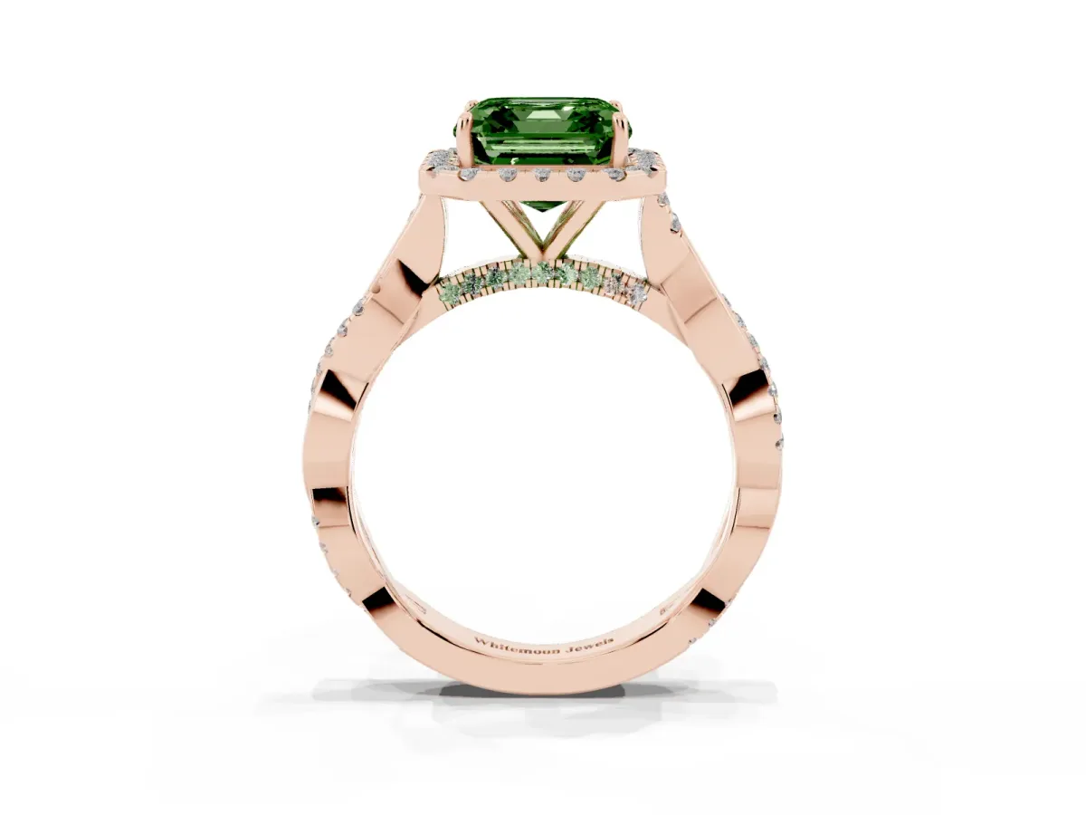 Fancy Green Asscher Cut Halo Twist Band Solitaire Ring Rose gold
