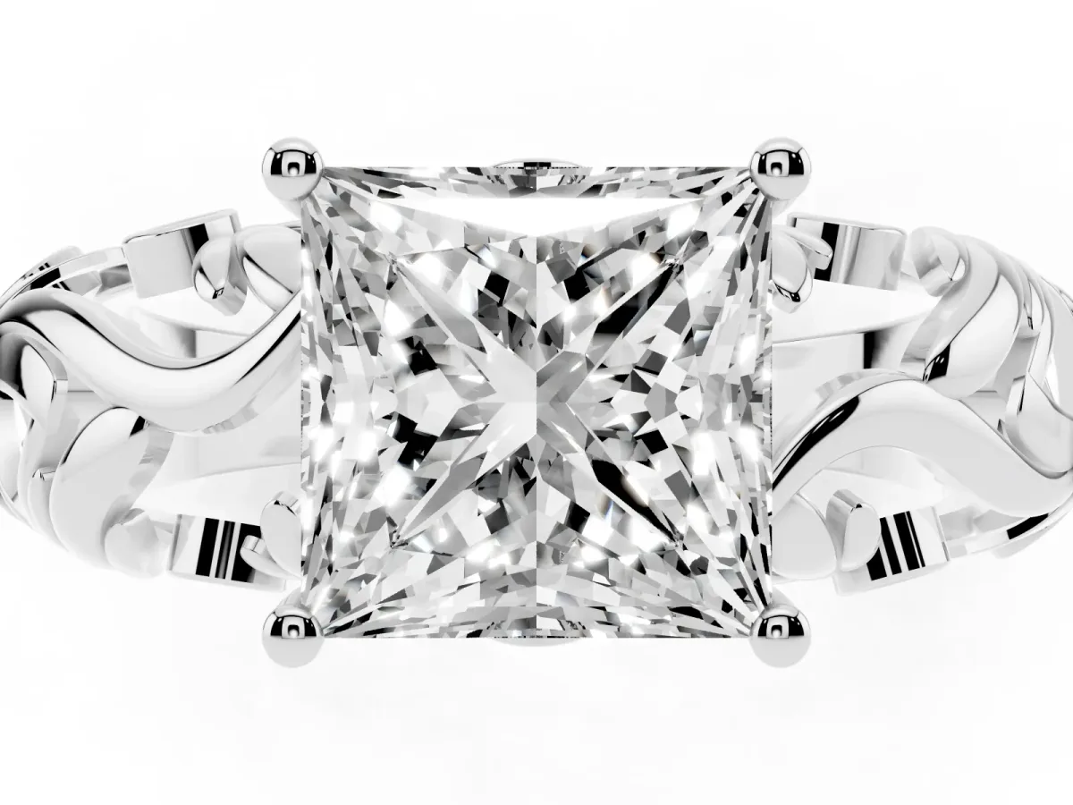 Princess Cut Solitaire Diamond Leaf-Inspired Vine Band Ring with Prong Setting Silver