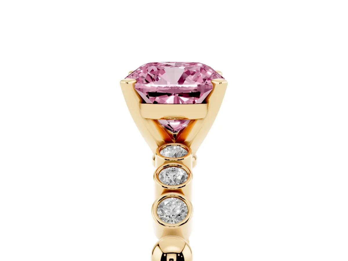 Fancy Pink Cushion Cut Solitaire Bezel Accent Diamond Engagement Ring with Beaded Band and Four-Prong Setting Yellow gold