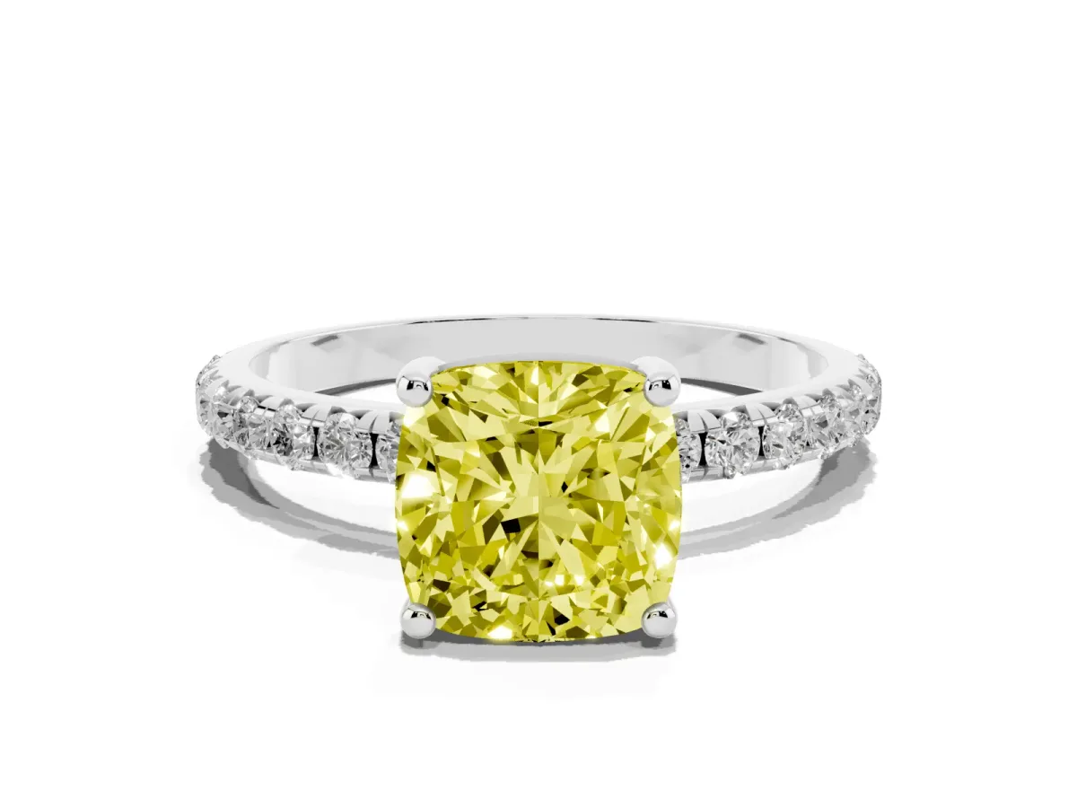 Fancy Yellow Cushion Cut Cut Diamond Solitaire Ring with Micro Pave Band and Four Prong Setting Silver