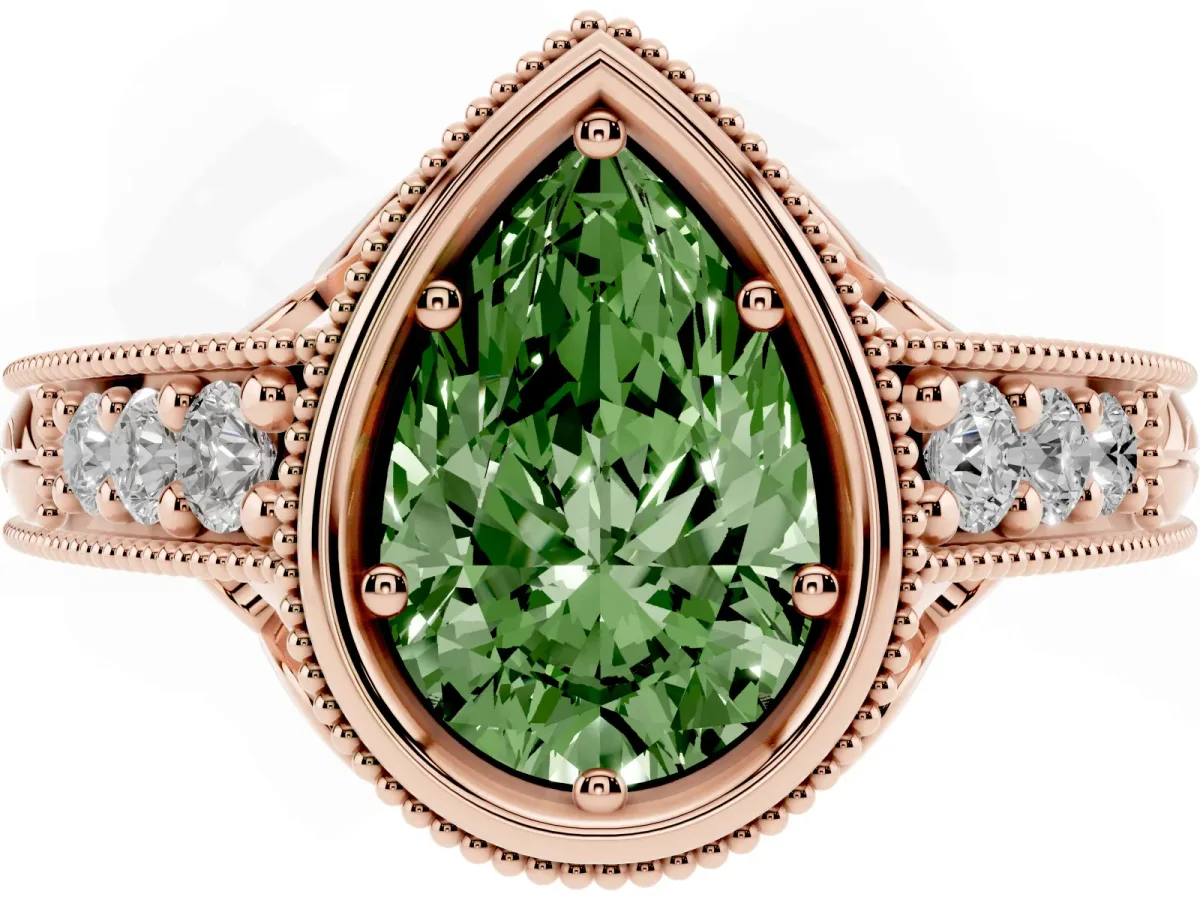 Fancy Green Bezel Set Pear Cut Diamond Milgrain Pave Engagement Ring Rose gold