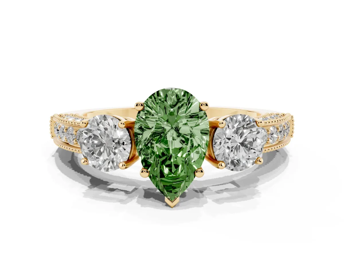 Fancy Green Pear Cut Three-Stone Diamond Ring with Pavé Band and Four-Prong Setting Yellow gold