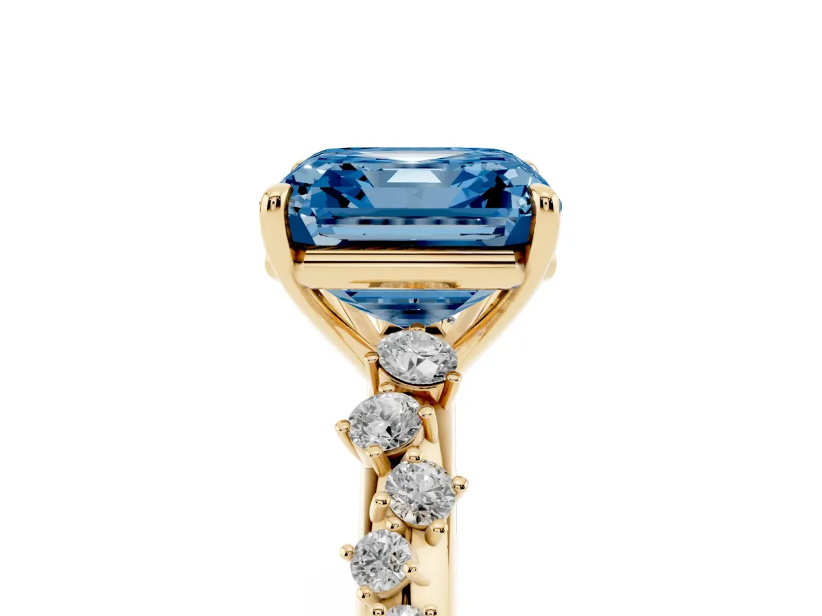 Fancy Blue Asscher Cut Diamond Cluster Side Stone Solitaire Ring with Prong Setting Yellow gold