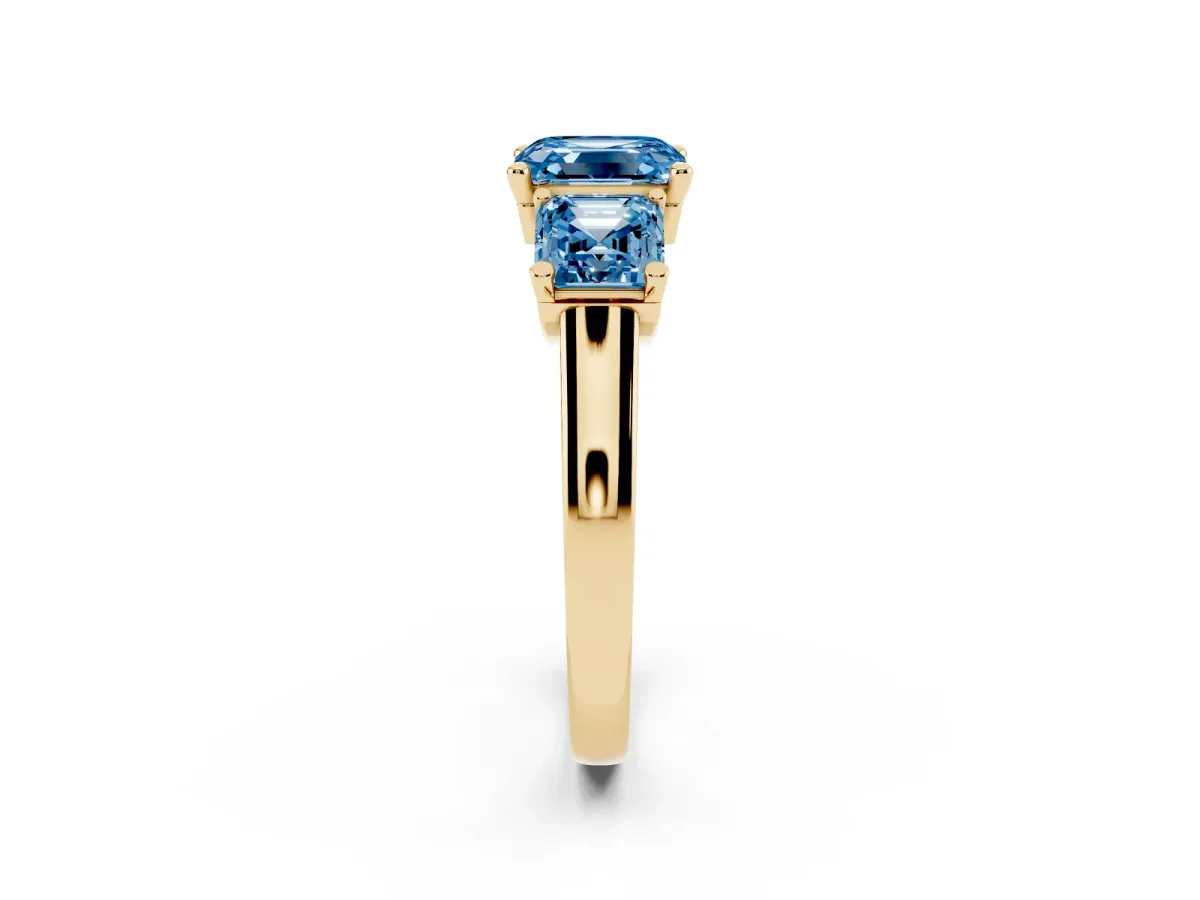 Fancy Blue Three-Stone Asscher Cut Brilliant Diamond Trellis Ring with Comfort Fit Band Yellow gold