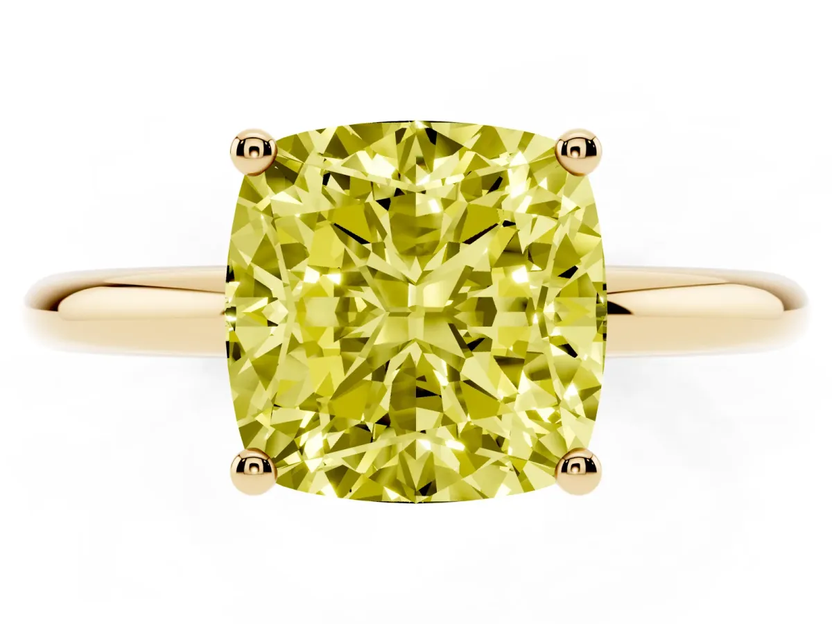 Fancy Yellow Cushion Cut Cut Solitaire Engagement Ring with Four-Prong Setting and Classic Band Yellow gold