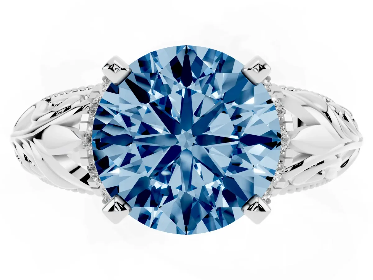 Fancy Blue Round Cut Solitaire Filigree Engagement Ring with Halo and Prong Setting White gold
