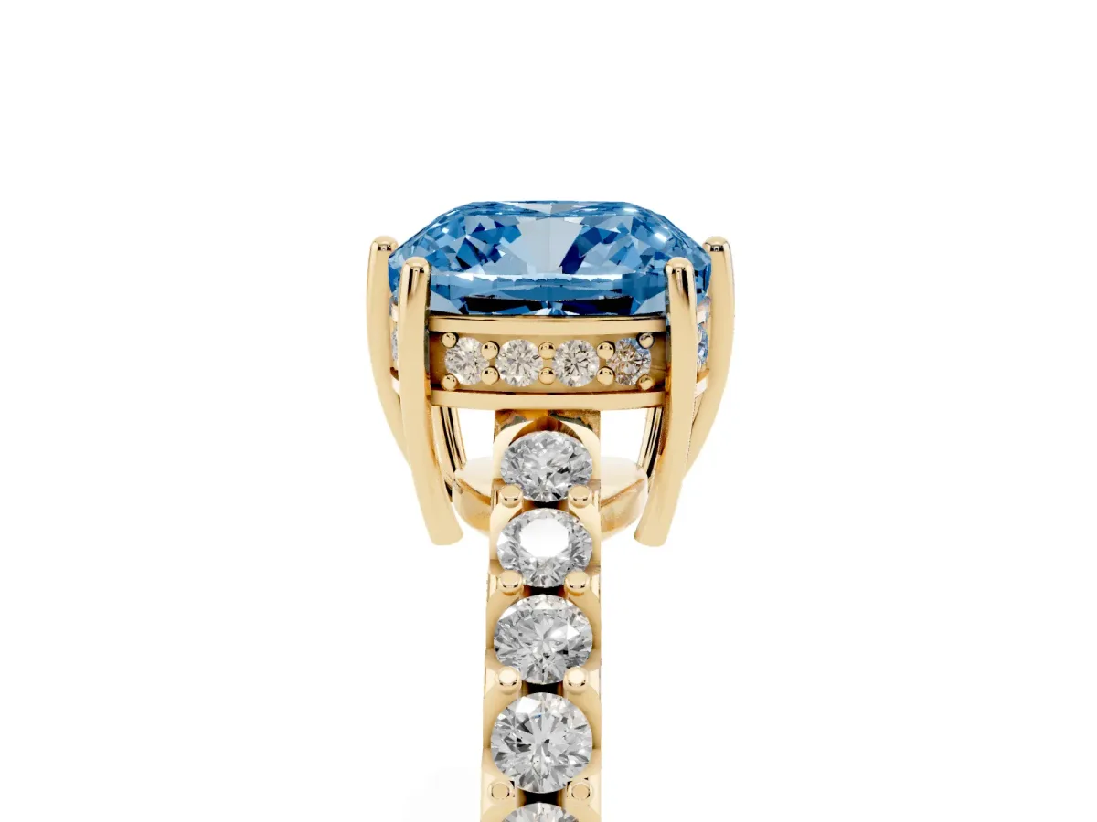 Fancy Blue Cushion Cut Solitaire Diamond Engagement Ring with Pavé Band and Six-Prong Setting Yellow gold