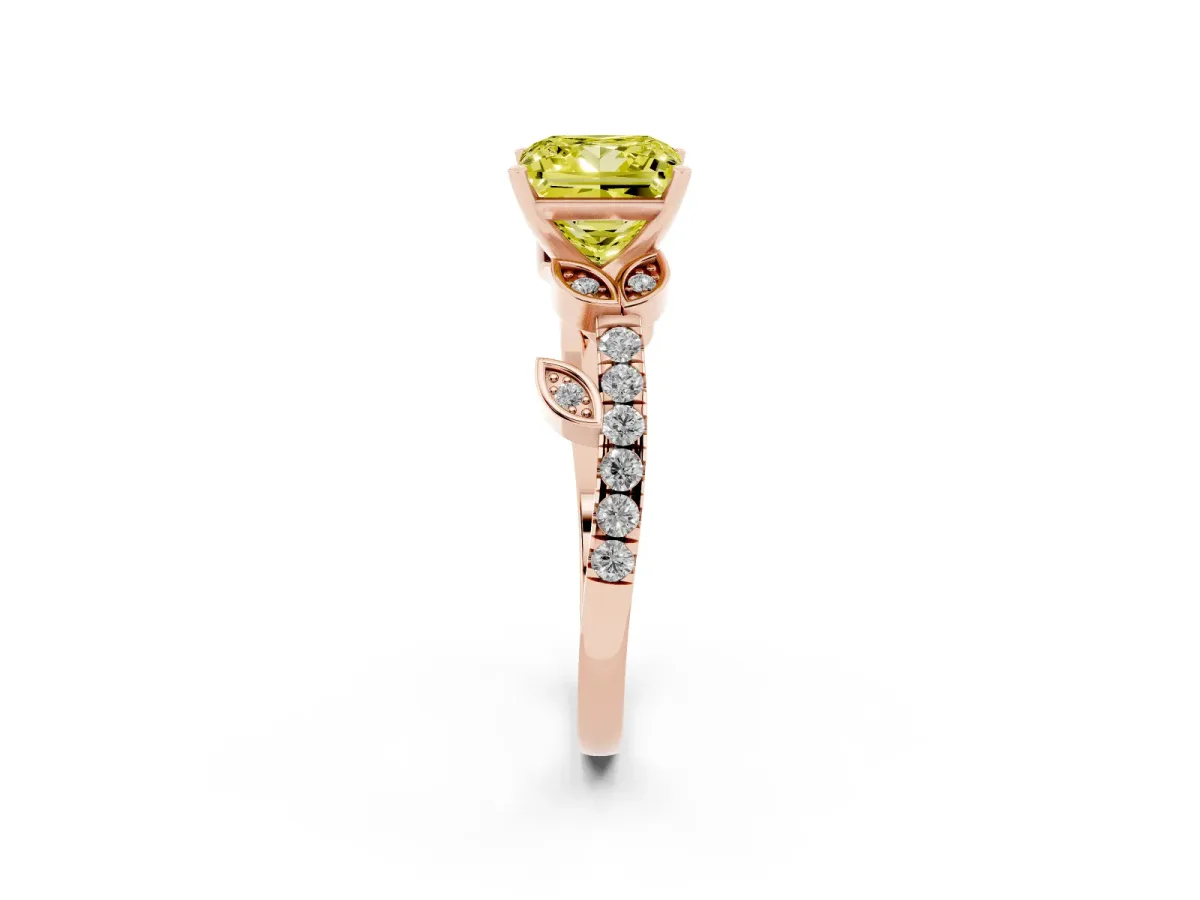 Fancy Yellow Princess Cut Solitaire Leaf-Inspired Diamond Ring with Pavé Band and Four-Prong Setting Rose gold
