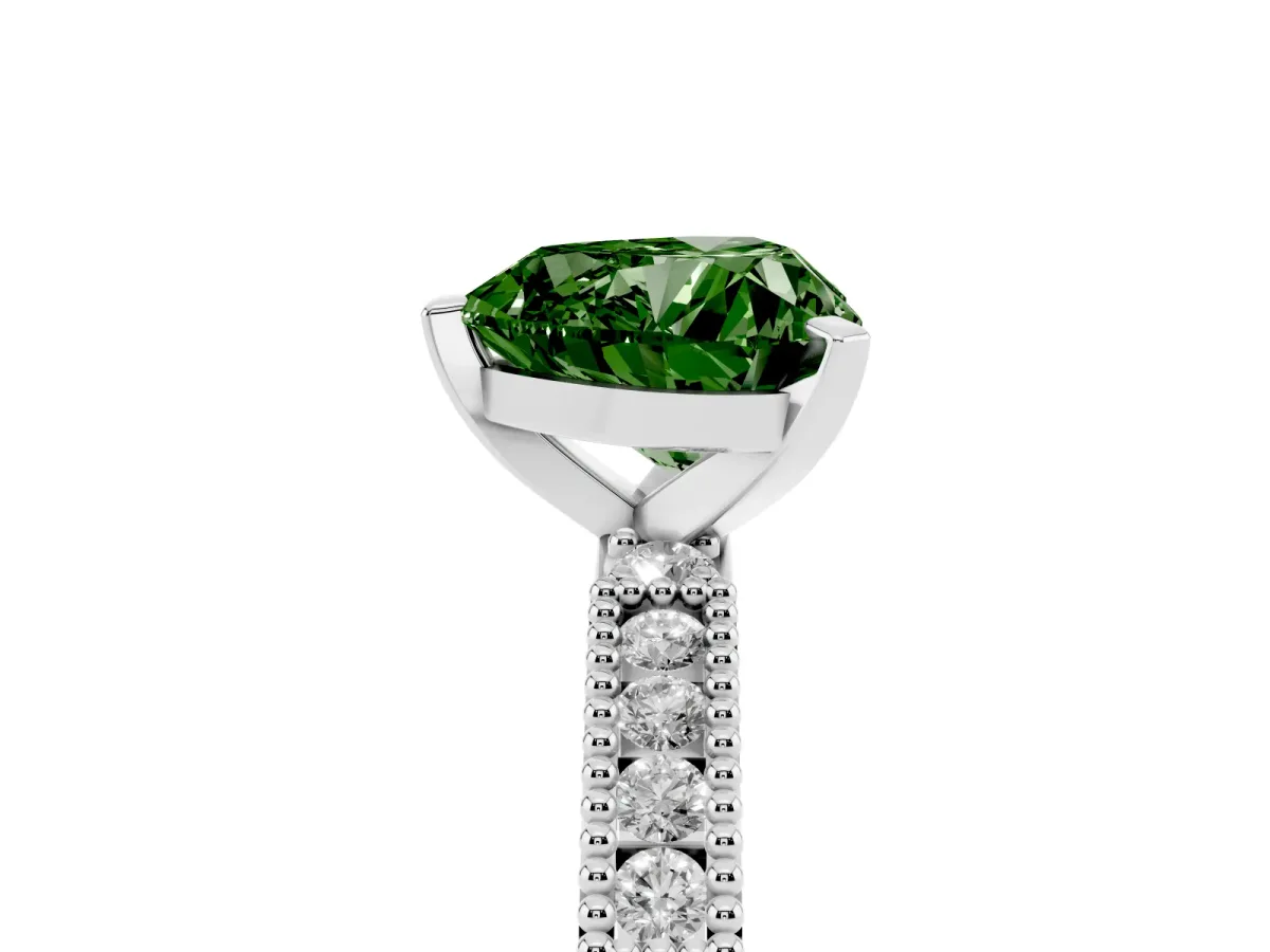 Fancy Green Heart Cut Solitaire with Pavé Band and Four-Prong Setting Silver