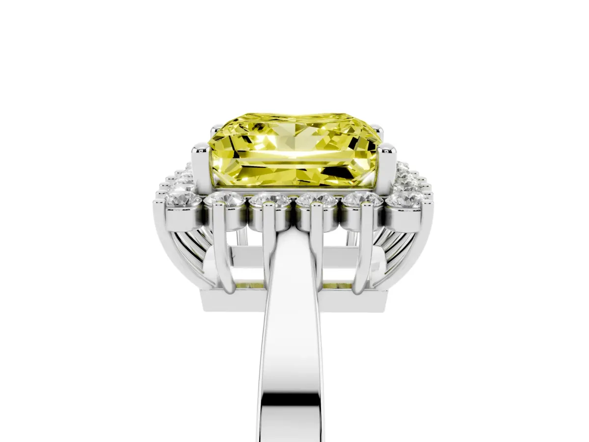 Fancy Yellow Princess Cut Cut Diamond Halo Ring with Round Brilliant Halo and Solitaire Band Silver