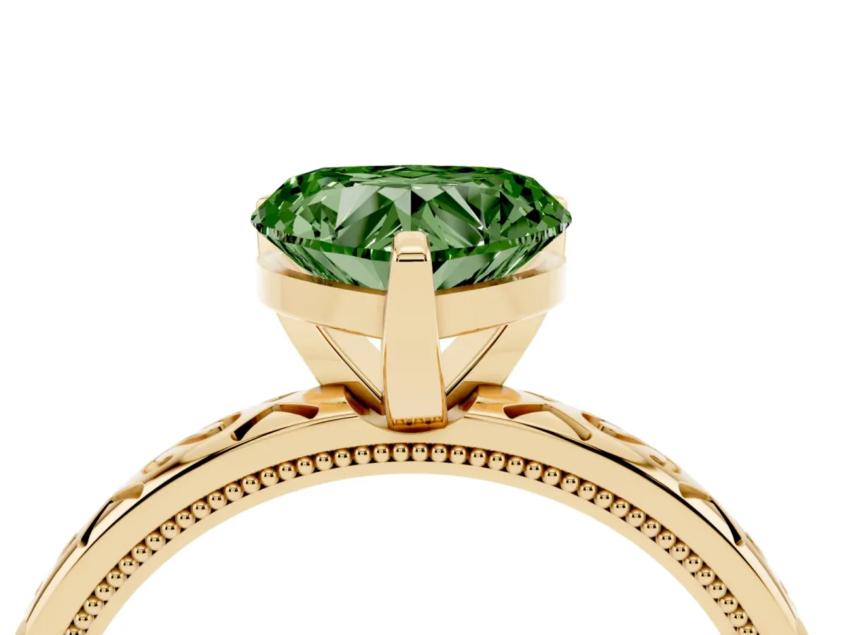 Fancy Green Heart Cut Solitaire Engagement Ring with Scrollwork Band and Four-Prong Setting Yellow gold