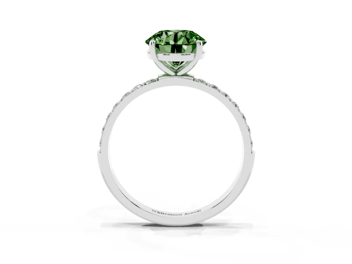 Fancy Green Round Cut Diamond Solitaire Ring with Round Pavé Shoulders and Prong Setting Silver