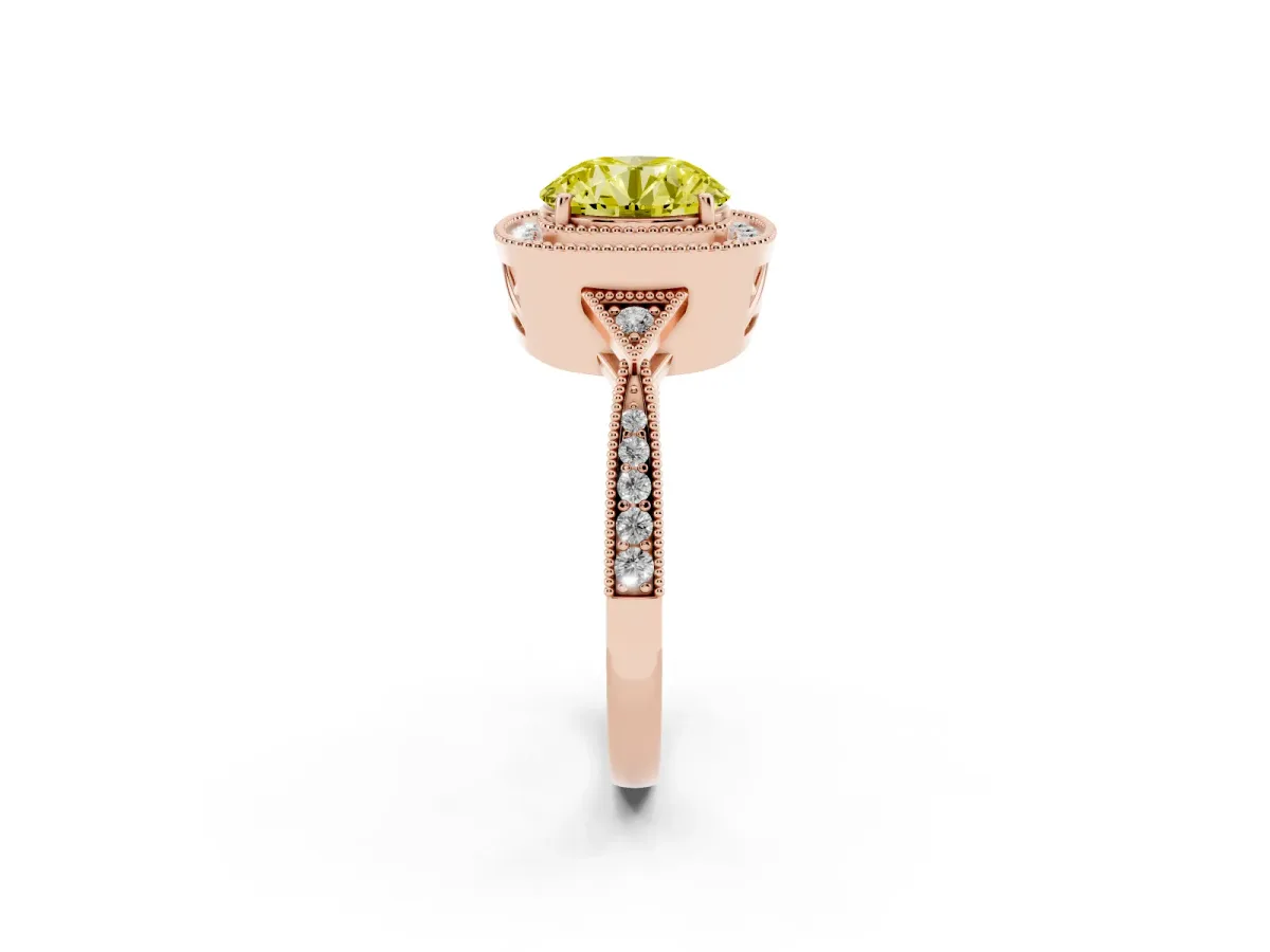 Fancy Yellow Round Cut Halo Round Diamond Milgrain Pave Engagement Ring Rose gold