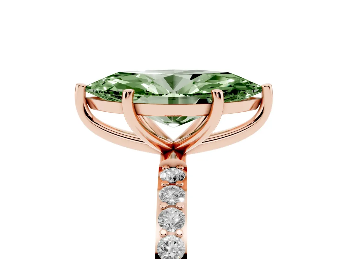 Fancy Green Marquise Cut Diamond Solitaire Ring with Round Pavé Shoulders and Prong Setting Rose gold