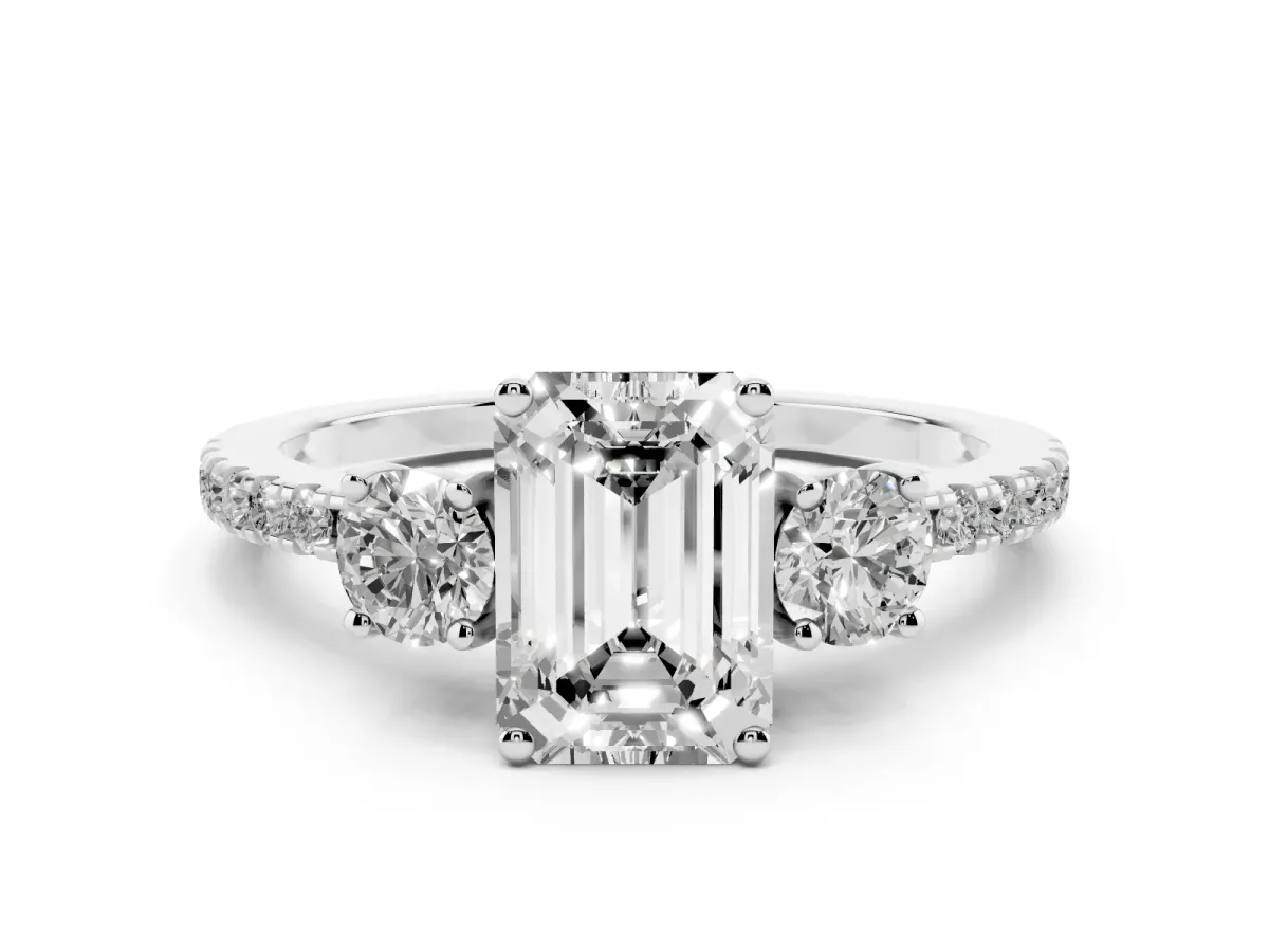 Three-Stone Emerald Cut Cut Diamond Pavé Band with Prong Setting Silver