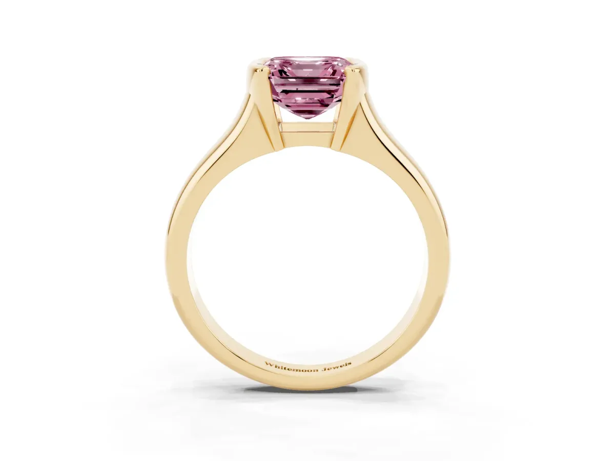 Fancy Pink Asscher Cut Solitaire Tension Set Diamond Ring with Split Shank Band Yellow gold