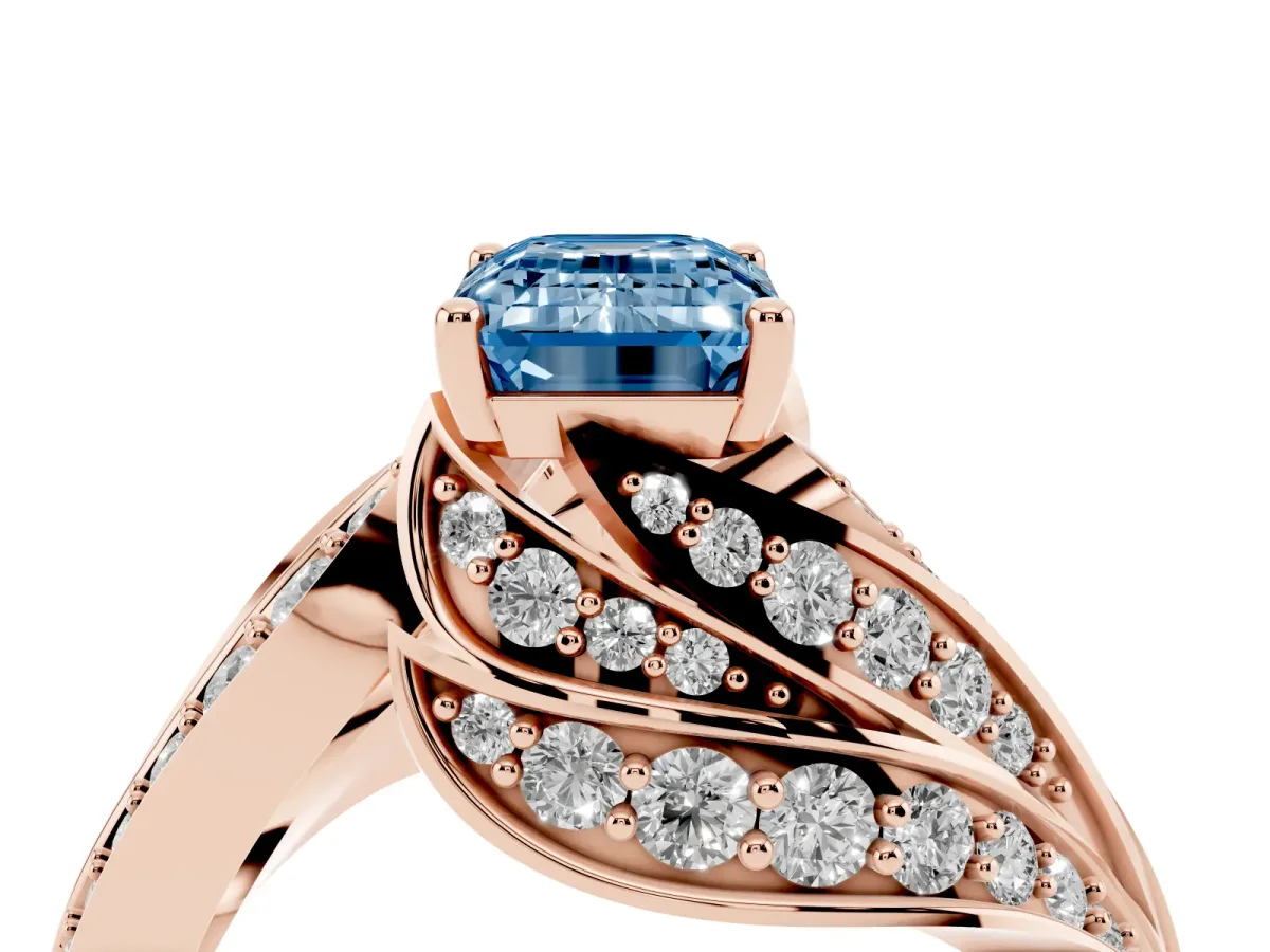 Fancy Blue Emerald Cut Diamond Solitaire Ring with Prong Setting and Twisted Pavé Band Rose gold