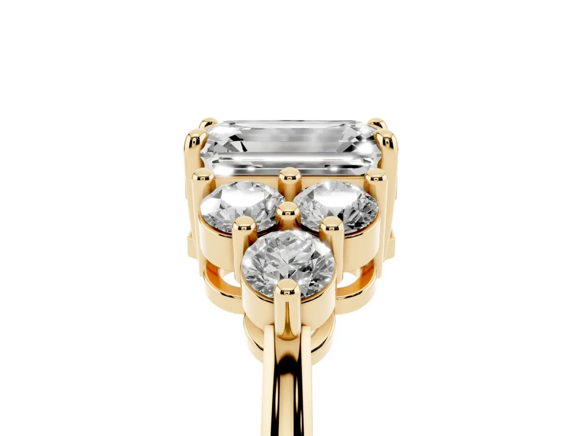 Emerald Cut Brilliant Diamond Cluster Accent Solitaire Ring with Prong Setting Yellow gold