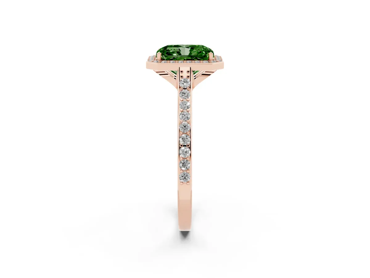 Fancy Green Radiant Cut Diamond Halo Engagement Ring with Round Pavé Shoulders and Prong Setting Rose gold