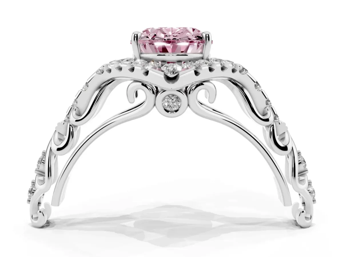 Fancy Pink Oval Cut Diamond Solitaire Ring with Hidden Halo and Pavé Band Platinum