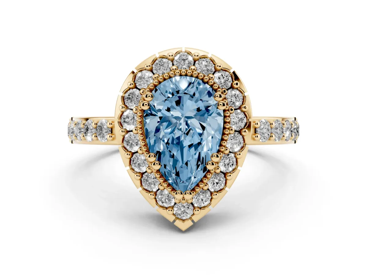 Fancy Blue Pear Cut Diamond Halo Ring with Pavé Band and Prong Setting Yellow gold
