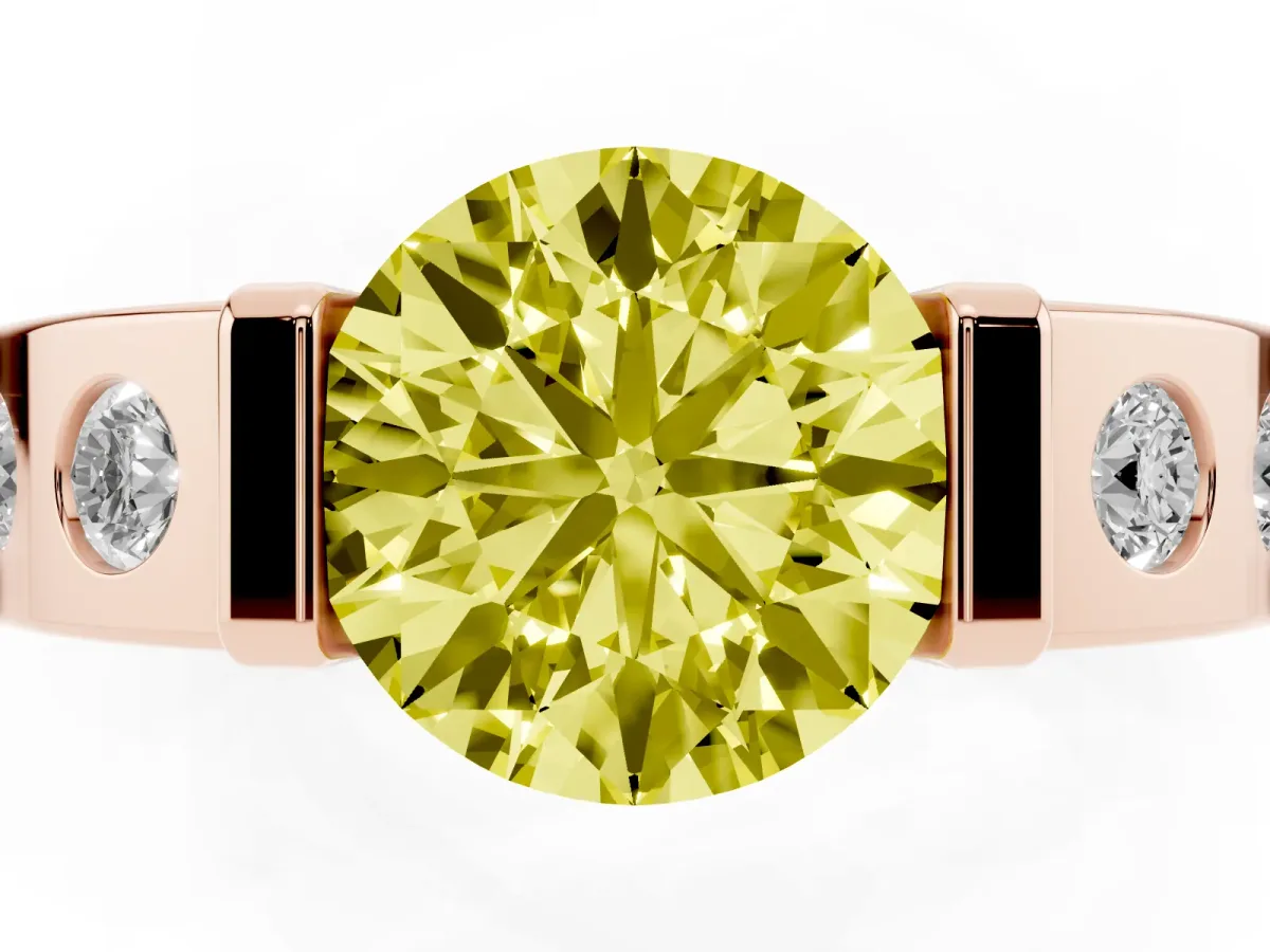 Fancy Yellow Round Cut Brilliant Channel-Set Diamond Ring with Bezel Prong Setting Rose gold