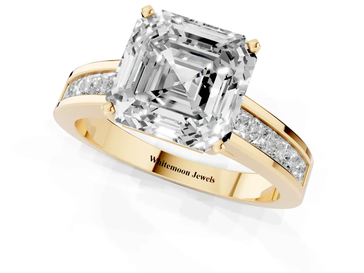Asscher Cut Solitaire Diamond Ring with Channel-Set Band and Four-Prong Setting Yellow gold