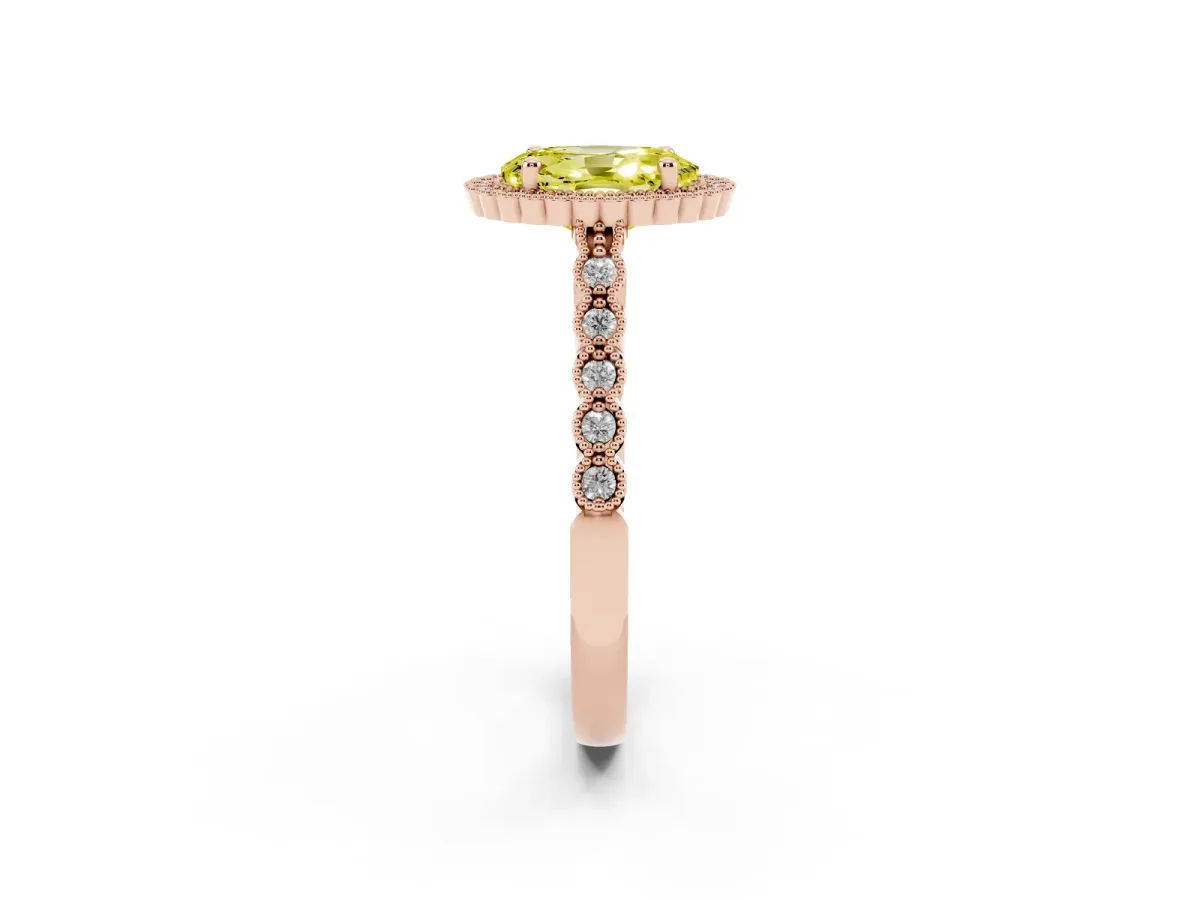 Fancy Yellow Oval Cut Cut Halo Pavé Solitaire Ring with Milgrain Band Rose gold