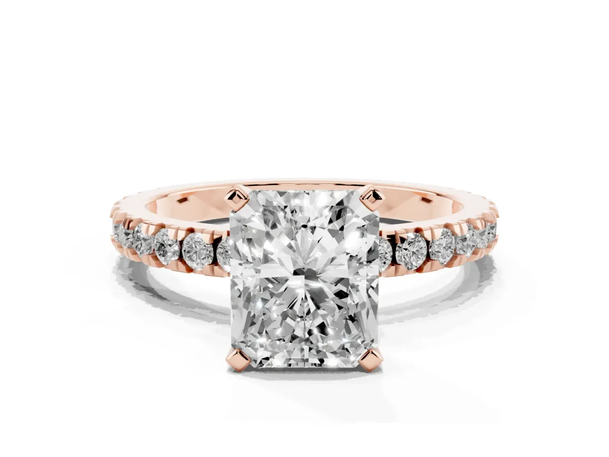 Radiant Cut Diamond Pavé Band Solitaire with Four-Prong Setting Rose gold